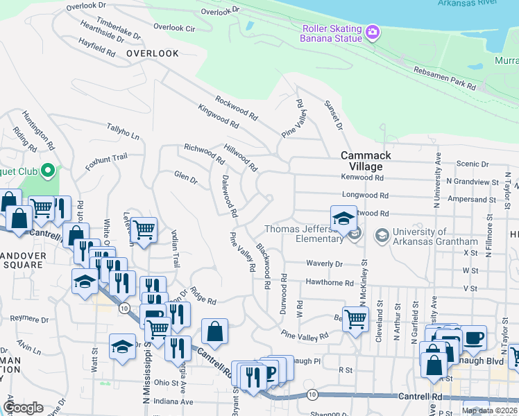 map of restaurants, bars, coffee shops, grocery stores, and more near 1312 Pine Valley Road in Little Rock