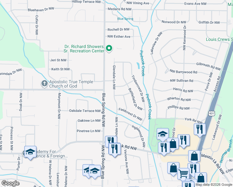 map of restaurants, bars, coffee shops, grocery stores, and more near 2605 Gibson Street Northwest in Huntsville