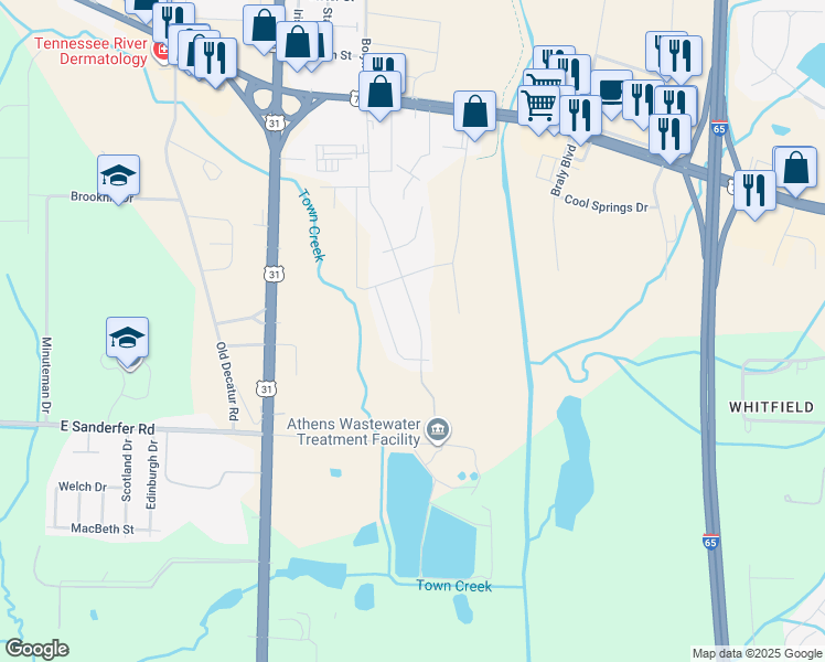 map of restaurants, bars, coffee shops, grocery stores, and more near 412 Cloverleaf Drive in Athens