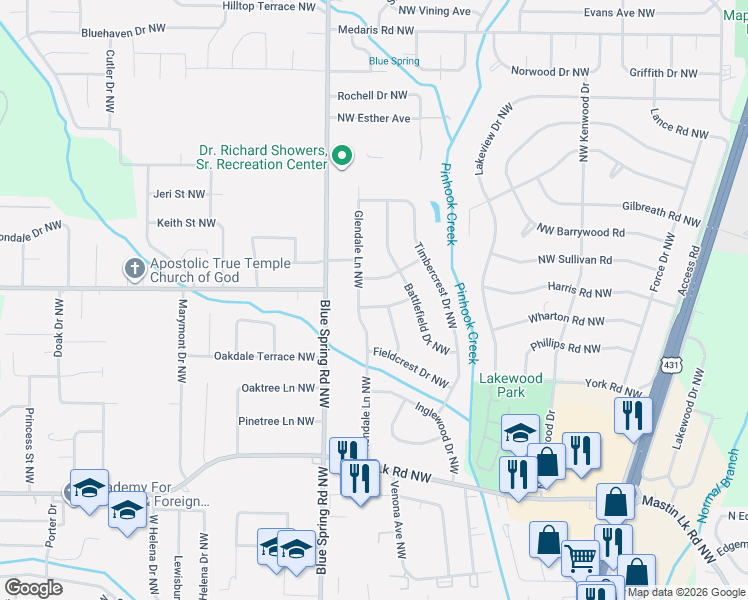 map of restaurants, bars, coffee shops, grocery stores, and more near 3709 Frost Street Northwest in Huntsville