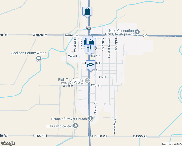 map of restaurants, bars, coffee shops, grocery stores, and more near 610 Zinn Avenue in Blair
