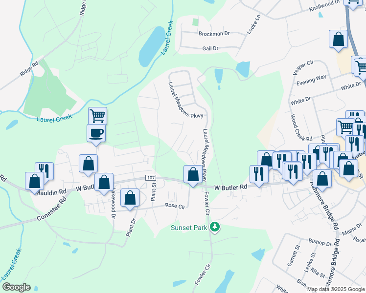 map of restaurants, bars, coffee shops, grocery stores, and more near 731 Rock Hill Court in Greenville