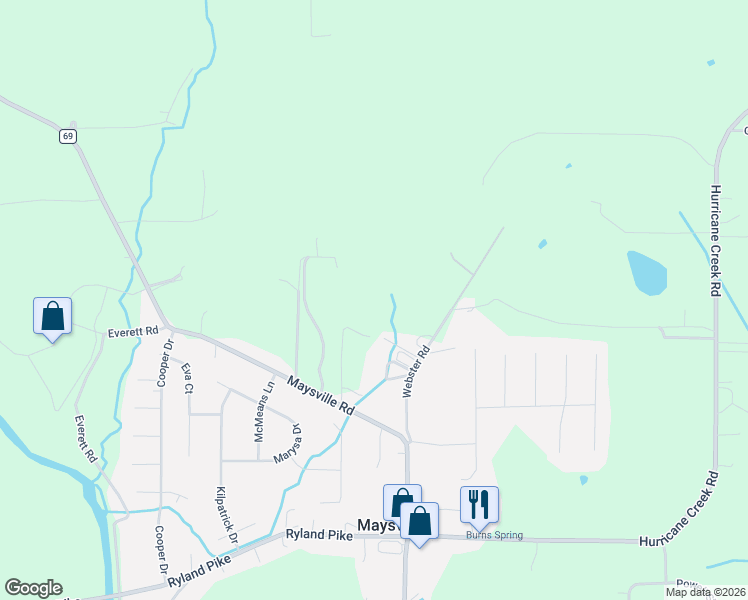 map of restaurants, bars, coffee shops, grocery stores, and more near 186 Webster Road in Huntsville