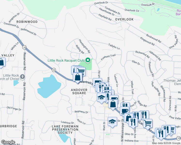 map of restaurants, bars, coffee shops, grocery stores, and more near 40 Foxcroft Village Drive in Little Rock