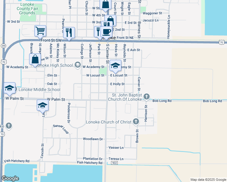map of restaurants, bars, coffee shops, grocery stores, and more near 710 Hicks Street in Lonoke