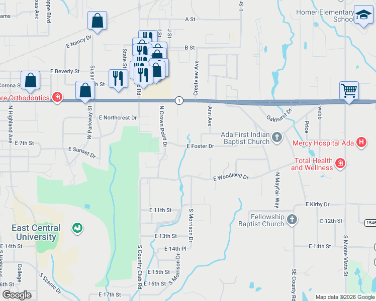 map of restaurants, bars, coffee shops, grocery stores, and more near 2013 East Foster Drive in Ada