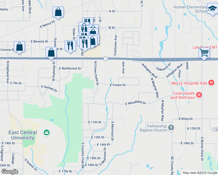 map of restaurants, bars, coffee shops, grocery stores, and more near 2013 East Foster Drive in Ada