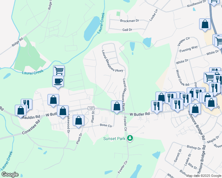 map of restaurants, bars, coffee shops, grocery stores, and more near 729 Rock Hill Court in Greenville