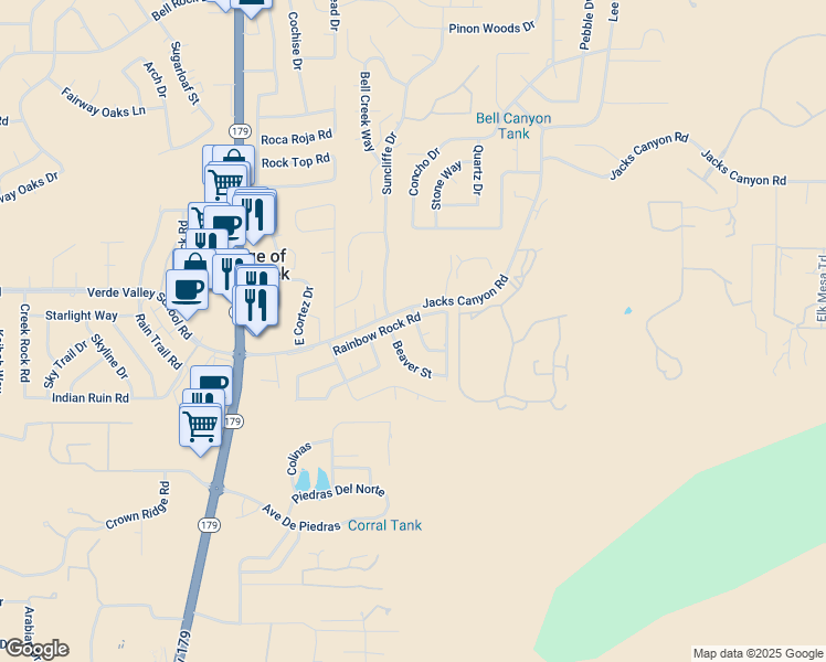 map of restaurants, bars, coffee shops, grocery stores, and more near 70 Ocotillo Street in Sedona