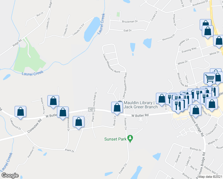 map of restaurants, bars, coffee shops, grocery stores, and more near 727 Rock Hill Court in Greenville