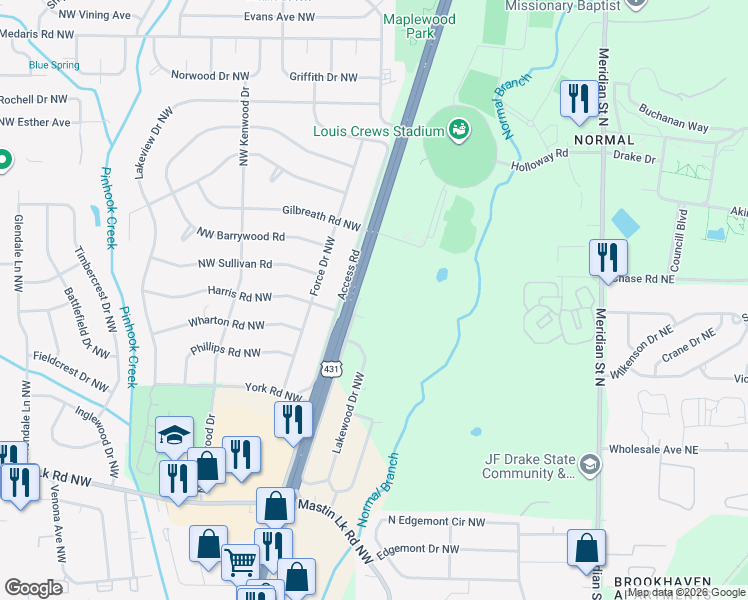map of restaurants, bars, coffee shops, grocery stores, and more near 4006 Mims Court Northeast in Huntsville