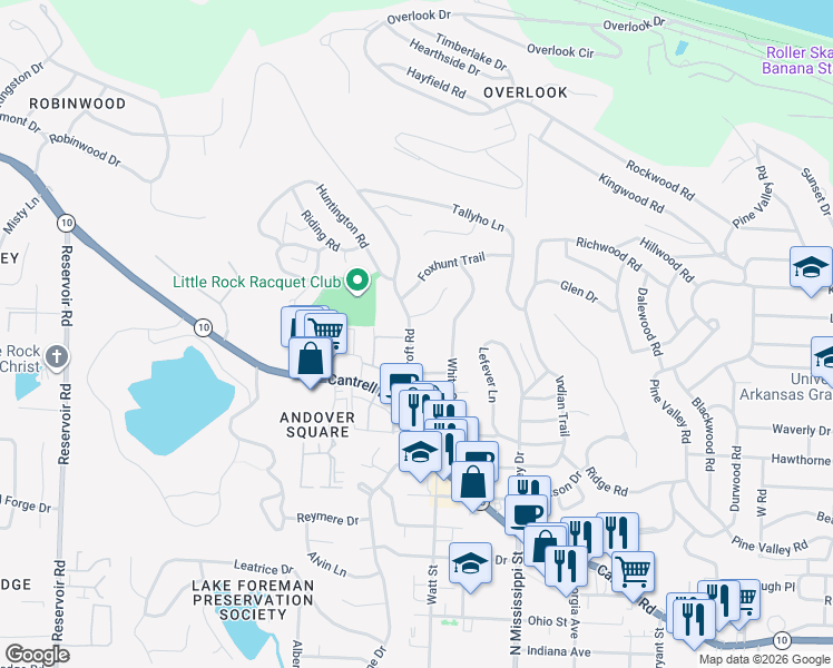 map of restaurants, bars, coffee shops, grocery stores, and more near 42 Foxcroft Road in Little Rock