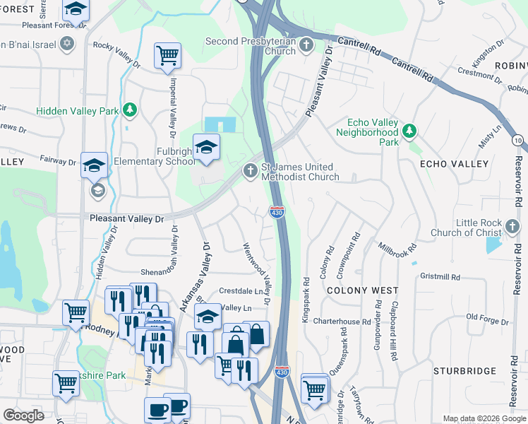 map of restaurants, bars, coffee shops, grocery stores, and more near 49 Kingsbridge Way in Little Rock