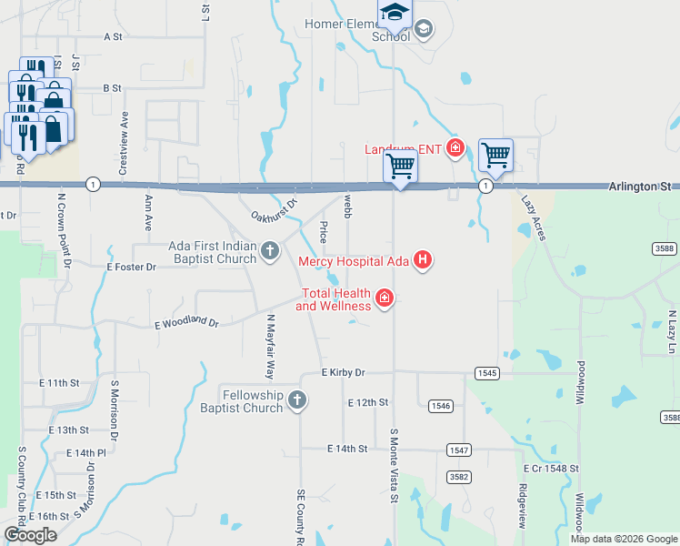 map of restaurants, bars, coffee shops, grocery stores, and more near 2715 East Woodland Drive in Ada
