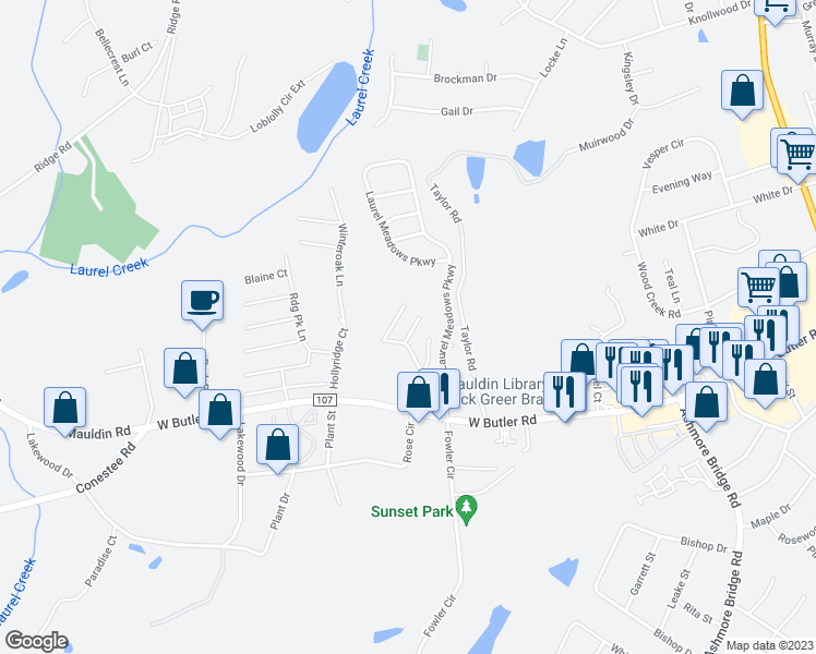 map of restaurants, bars, coffee shops, grocery stores, and more near 617 Graythorn Lane in Greenville