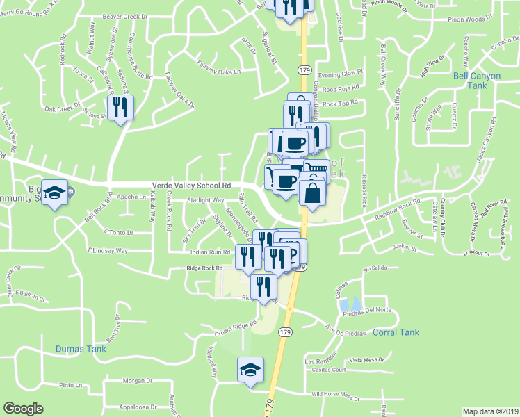 map of restaurants, bars, coffee shops, grocery stores, and more near 165 Verde Valley School Road in Sedona