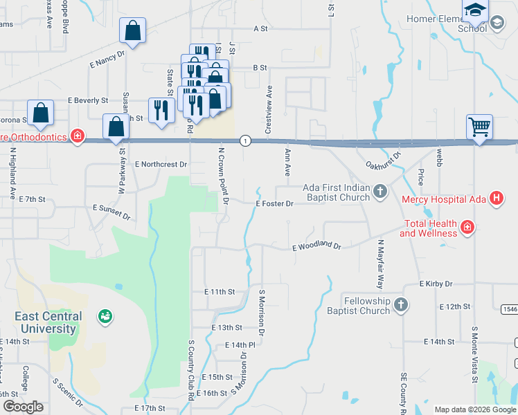 map of restaurants, bars, coffee shops, grocery stores, and more near 2013 East Foster Drive in Ada