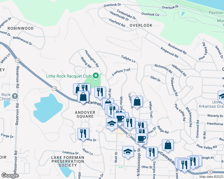 map of restaurants, bars, coffee shops, grocery stores, and more near 2 Reynard Court in Little Rock
