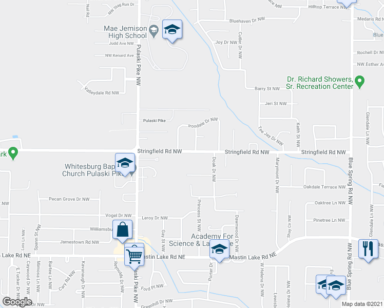 map of restaurants, bars, coffee shops, grocery stores, and more near 3215 Stringfield Road Northwest in Huntsville