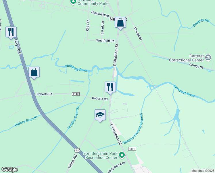 map of restaurants, bars, coffee shops, grocery stores, and more near 315 East Chatham Street in Newport