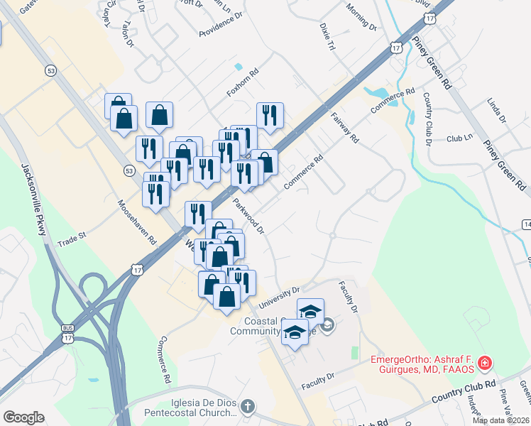 map of restaurants, bars, coffee shops, grocery stores, and more near 2517 Commerce Road in Jacksonville