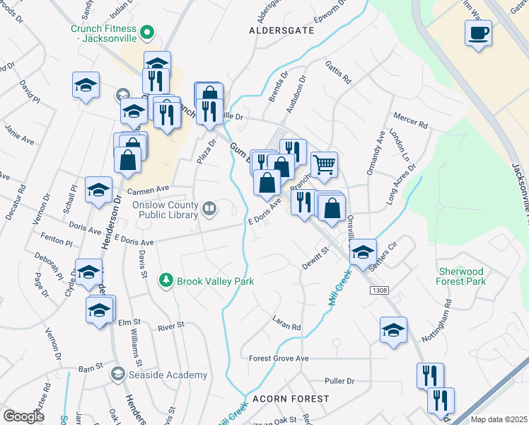 map of restaurants, bars, coffee shops, grocery stores, and more near 14 Doris Avenue East in Jacksonville