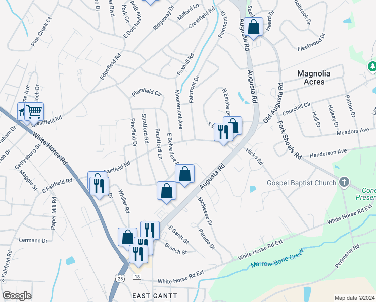 map of restaurants, bars, coffee shops, grocery stores, and more near 107 East Fairfield Road in Greenville