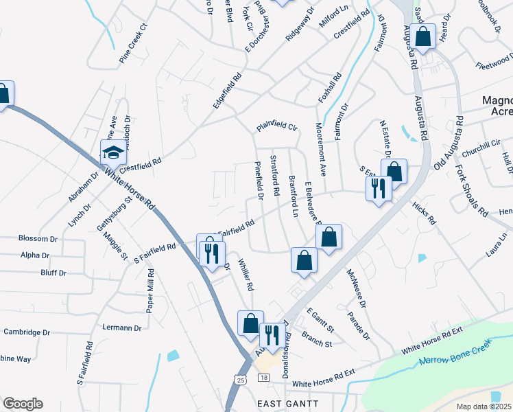 map of restaurants, bars, coffee shops, grocery stores, and more near 200 Pinefield Drive in Greenville