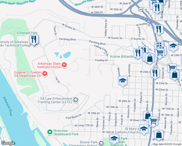 map of restaurants, bars, coffee shops, grocery stores, and more near 2700 John Ashley Drive in North Little Rock