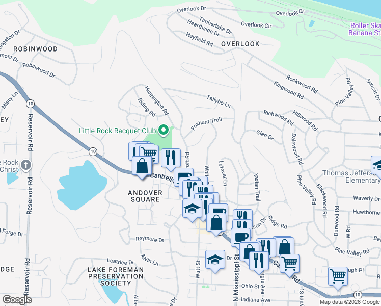 map of restaurants, bars, coffee shops, grocery stores, and more near 2 Reynard Court in Little Rock