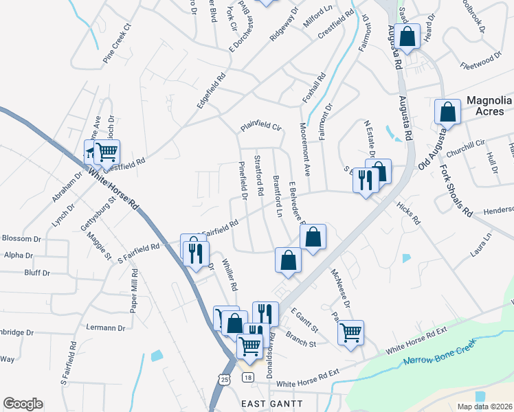 map of restaurants, bars, coffee shops, grocery stores, and more near 200 Pinefield Drive in Greenville