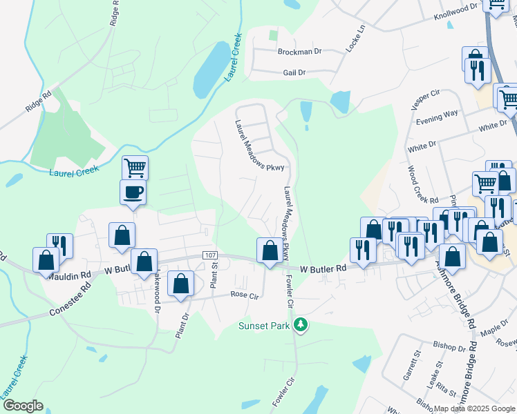 map of restaurants, bars, coffee shops, grocery stores, and more near 721 Rock Hill Court in Greenville