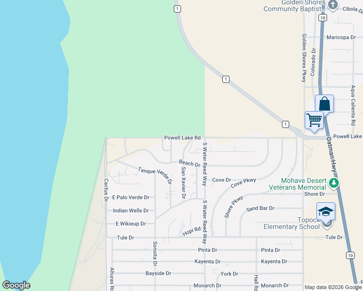 map of restaurants, bars, coffee shops, grocery stores, and more near 4696-4698 Powell Lake Road in Topock