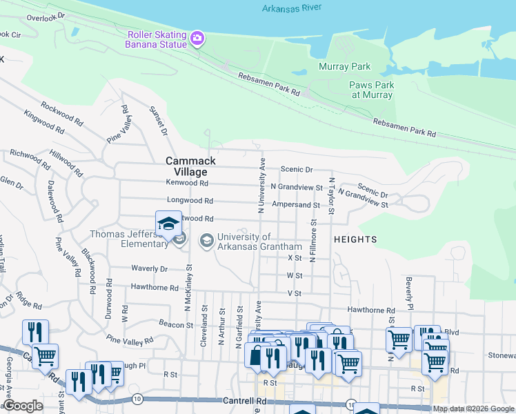 map of restaurants, bars, coffee shops, grocery stores, and more near 2915 North University Avenue in Little Rock