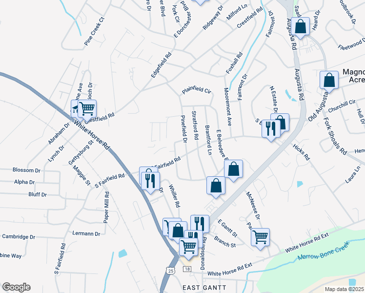 map of restaurants, bars, coffee shops, grocery stores, and more near 200 Pinefield Drive in Greenville