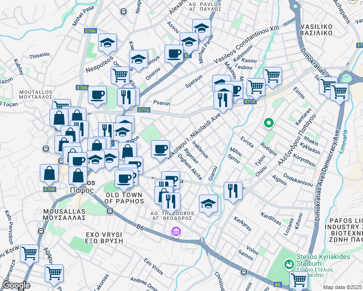 map of restaurants, bars, coffee shops, grocery stores, and more near Nikolaou I. Nikolaidi Avenue in Paphos