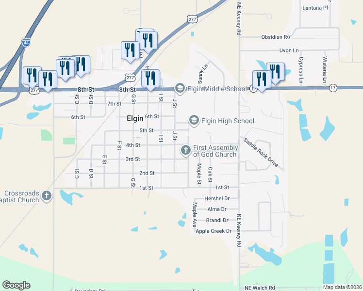 map of restaurants, bars, coffee shops, grocery stores, and more near 401 K Street in Elgin