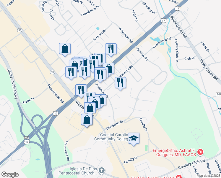 map of restaurants, bars, coffee shops, grocery stores, and more near 2517 Commerce Road in Jacksonville