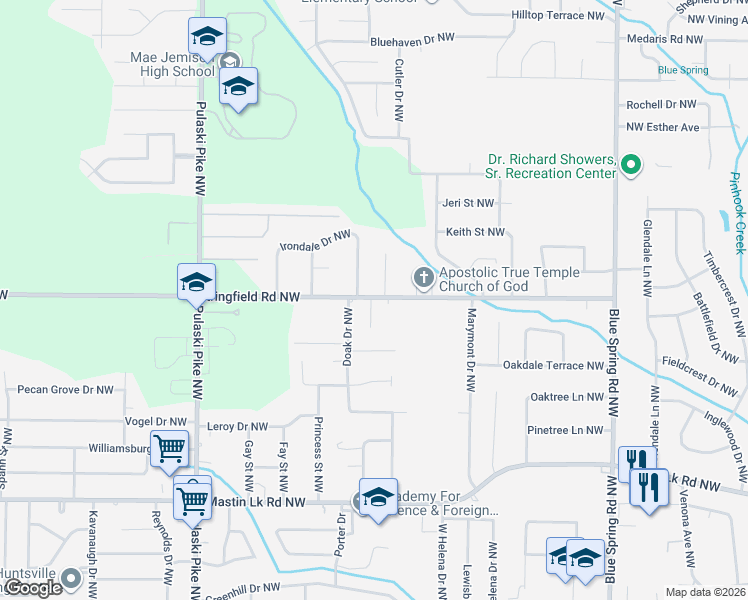map of restaurants, bars, coffee shops, grocery stores, and more near in Huntsville