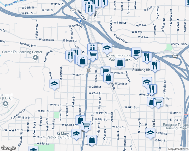 map of restaurants, bars, coffee shops, grocery stores, and more near 900 West Pershing Boulevard in North Little Rock