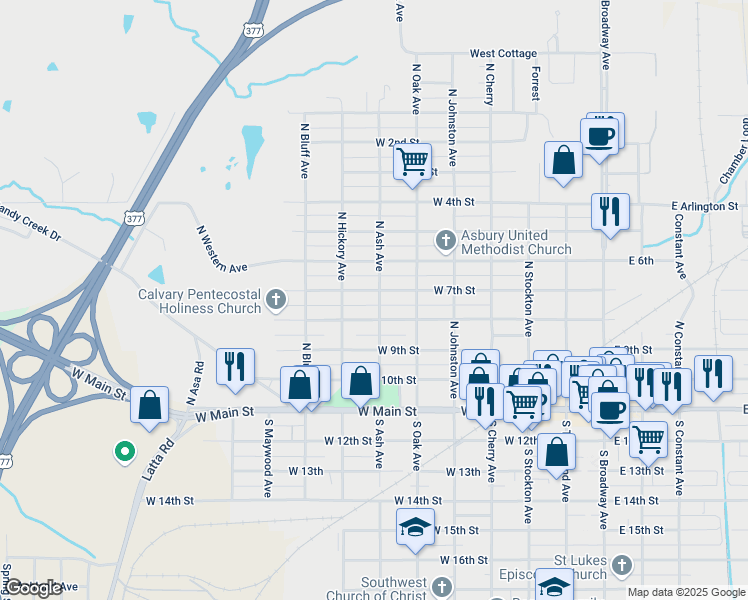 map of restaurants, bars, coffee shops, grocery stores, and more near 700 West 7th Street in Ada