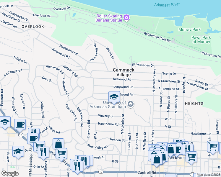map of restaurants, bars, coffee shops, grocery stores, and more near 6521 Longwood Road in Little Rock