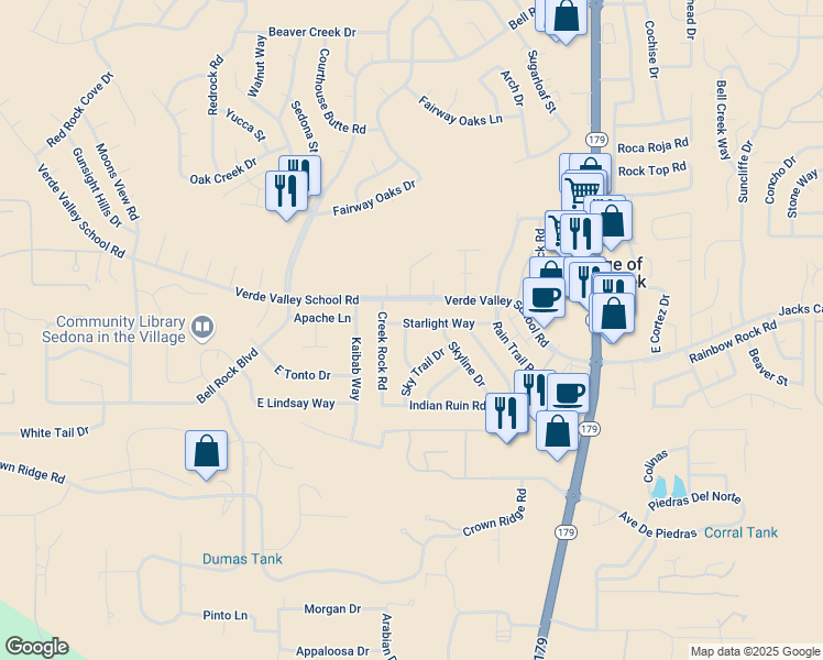 map of restaurants, bars, coffee shops, grocery stores, and more near 135 Starlight Way in Sedona