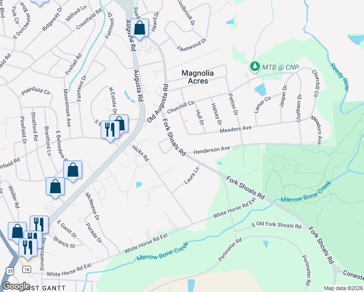 map of restaurants, bars, coffee shops, grocery stores, and more near 205 Fork Shoals Road in Greenville