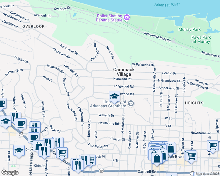 map of restaurants, bars, coffee shops, grocery stores, and more near in Cammack Village