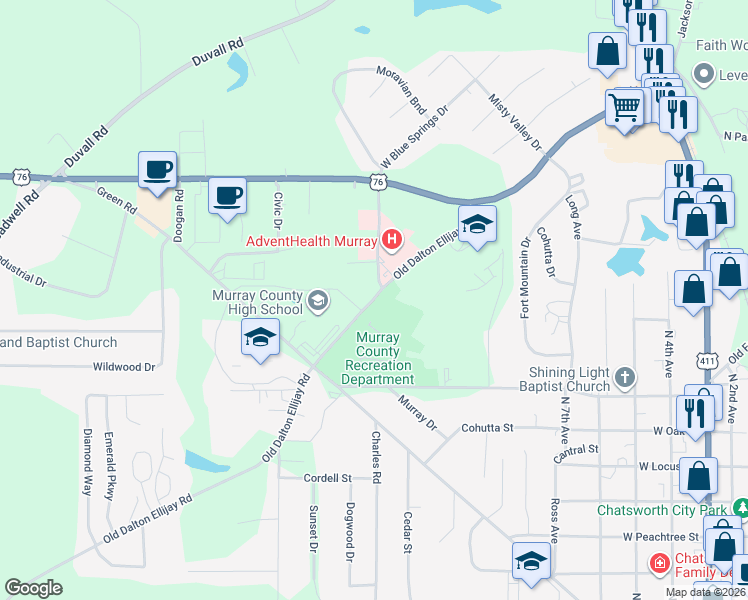 map of restaurants, bars, coffee shops, grocery stores, and more near 709 Old Dalton Ellijay Road in Chatsworth