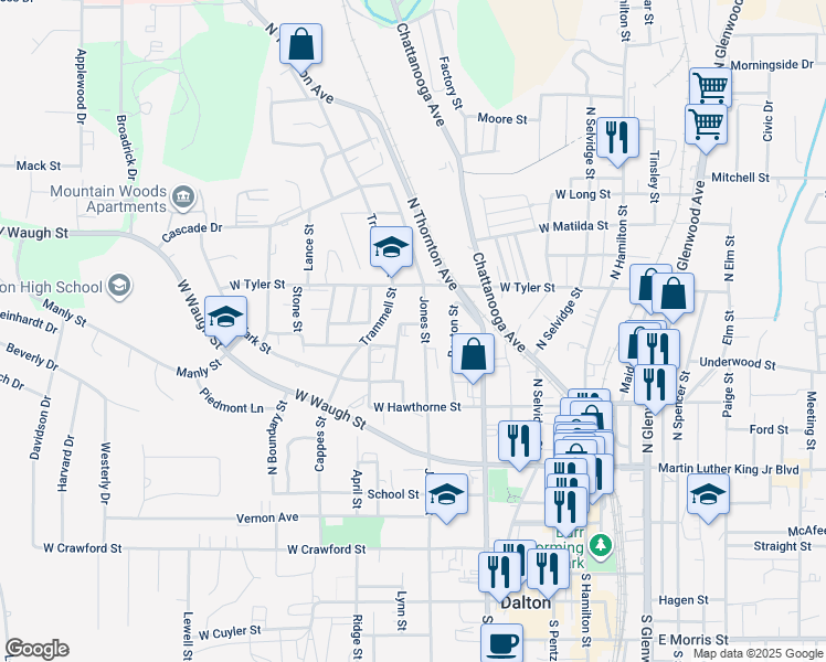 map of restaurants, bars, coffee shops, grocery stores, and more near 623 Charles Street in Dalton