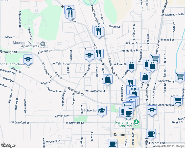 map of restaurants, bars, coffee shops, grocery stores, and more near 623 Charles Street in Dalton
