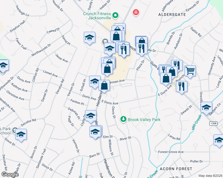 map of restaurants, bars, coffee shops, grocery stores, and more near 200 Carmen Avenue in Jacksonville