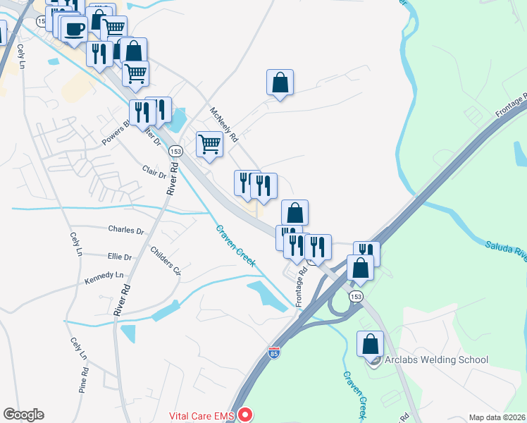 map of restaurants, bars, coffee shops, grocery stores, and more near 546 McNeely Road in Powdersville